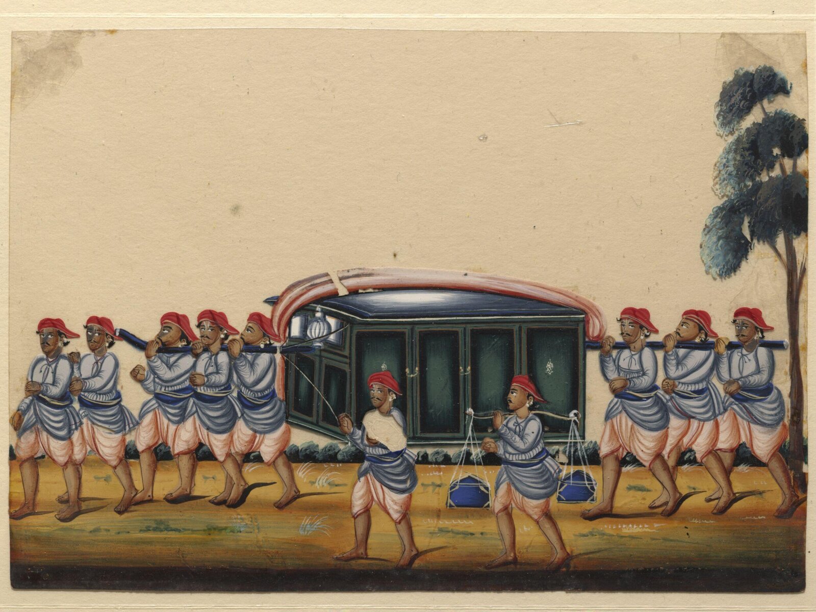 A closed palanquin with six bearers, ca. 1860