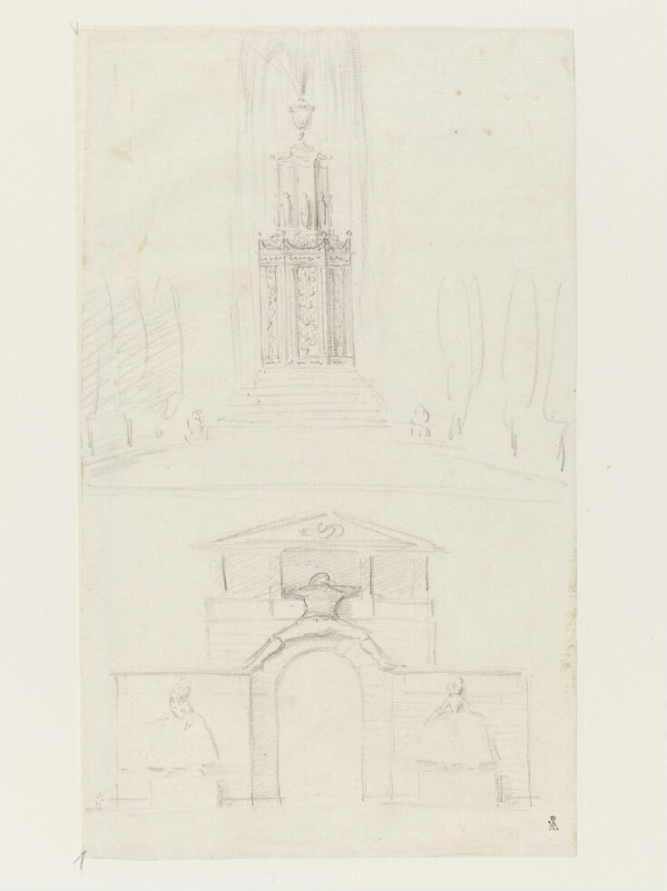 Pencil drawing of a fountain and entryway top image