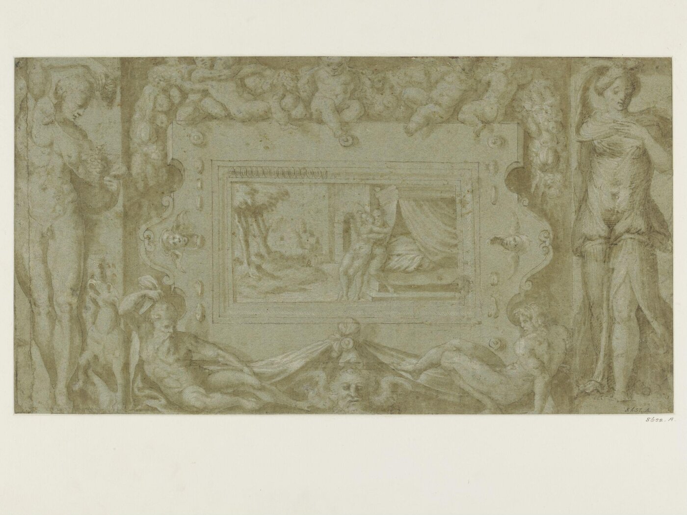 Unknown, Design for a frieze: a cartouche flanked by standing figures, with reclining figures below and playing boys above