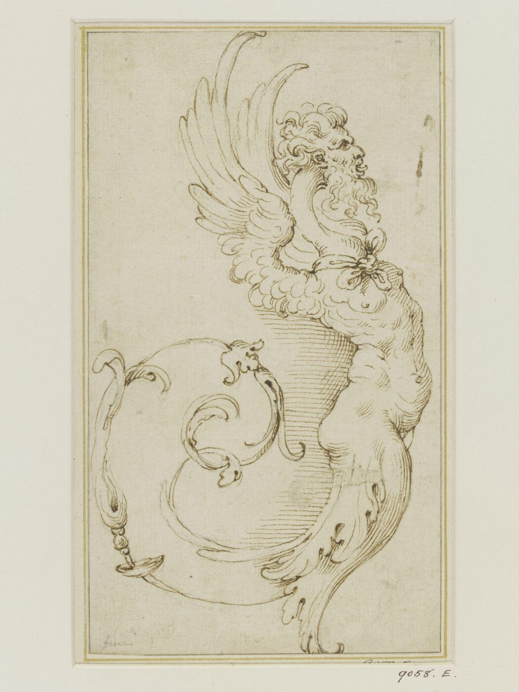 Anonymous, Design for ornament; a winged monster, with human head and body, terminating in a floral scroll