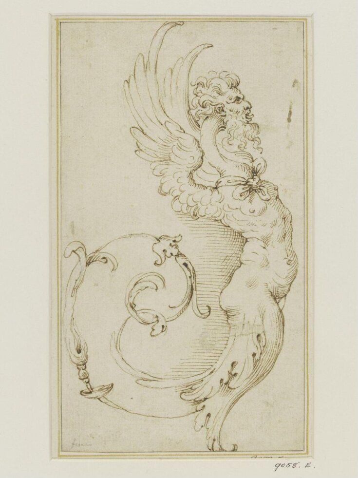 Design for ornament; a winged monster, with human head and body