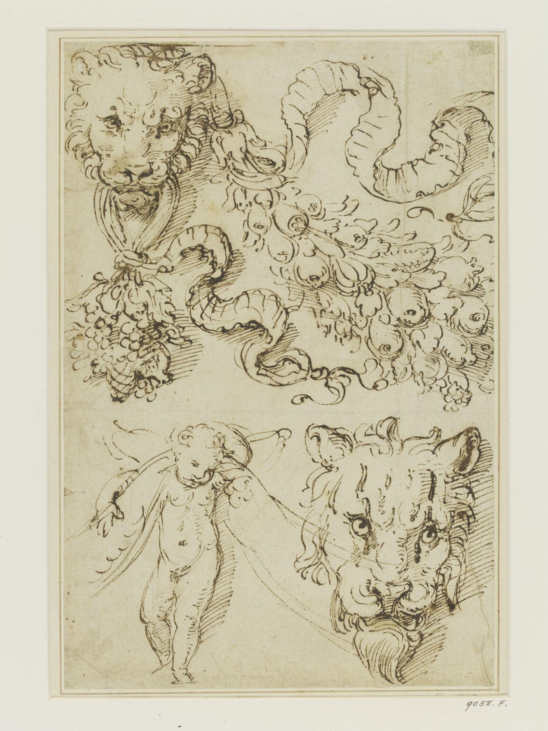 Studies of ornament: a putto holding a festoon on his shoulders and two lion masks, one of them holding a pendant of fruit etc, Giulio Romano, first half 16th century