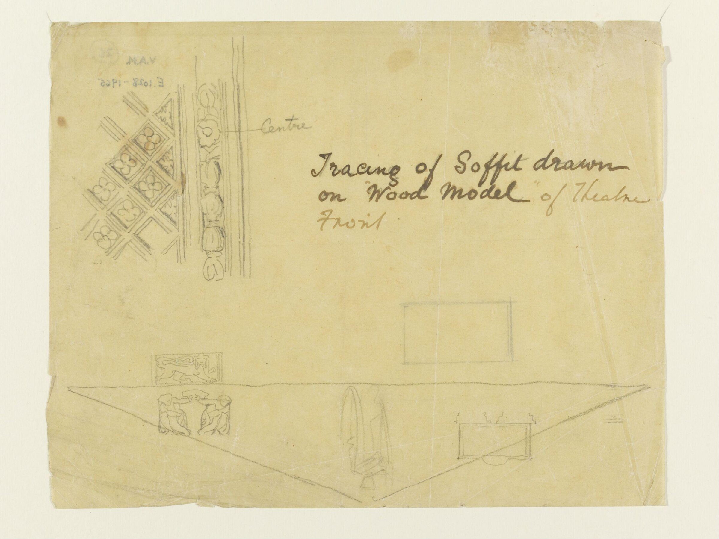 Tracing of soffit drawn on 'wood model' of Theatre Front, Godfrey Sykes, ca. 1860-1864