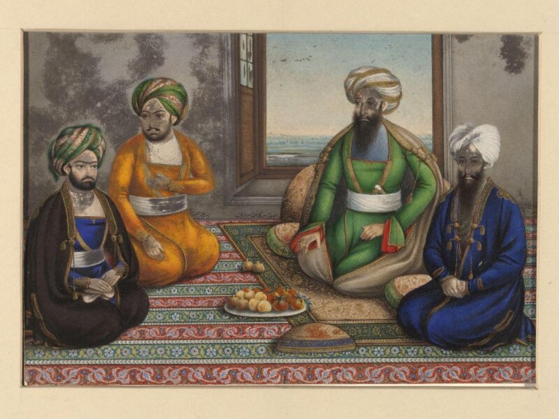 Dost Muhammad (d.1863), Amir of Afghanistan, with his three sons, Muhammad Akram Khan, Haidar Khan and Abdul Ghani Khan, seated on a carpet