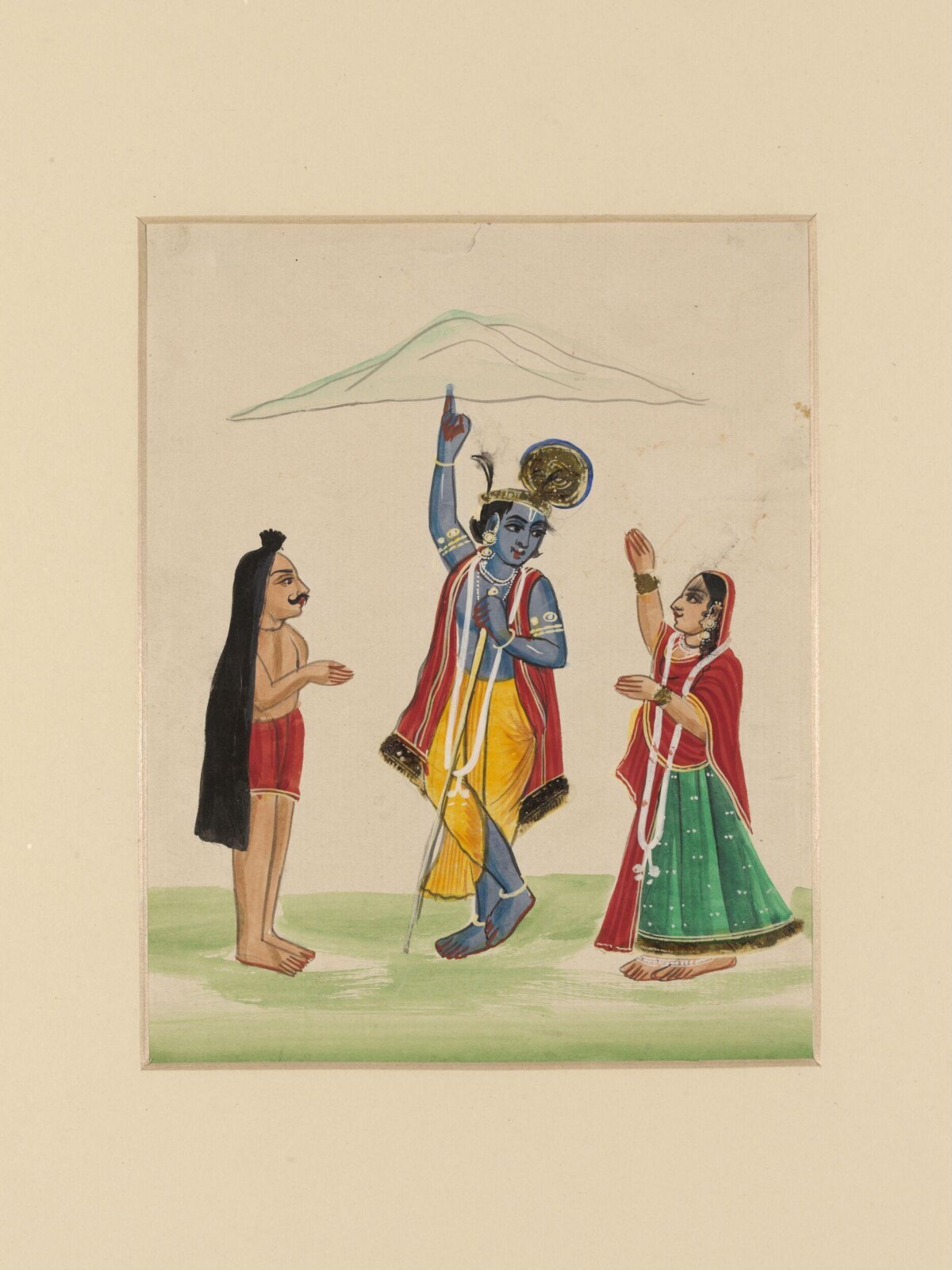 Krishna holding up Mount  Govardhan, ca.1885