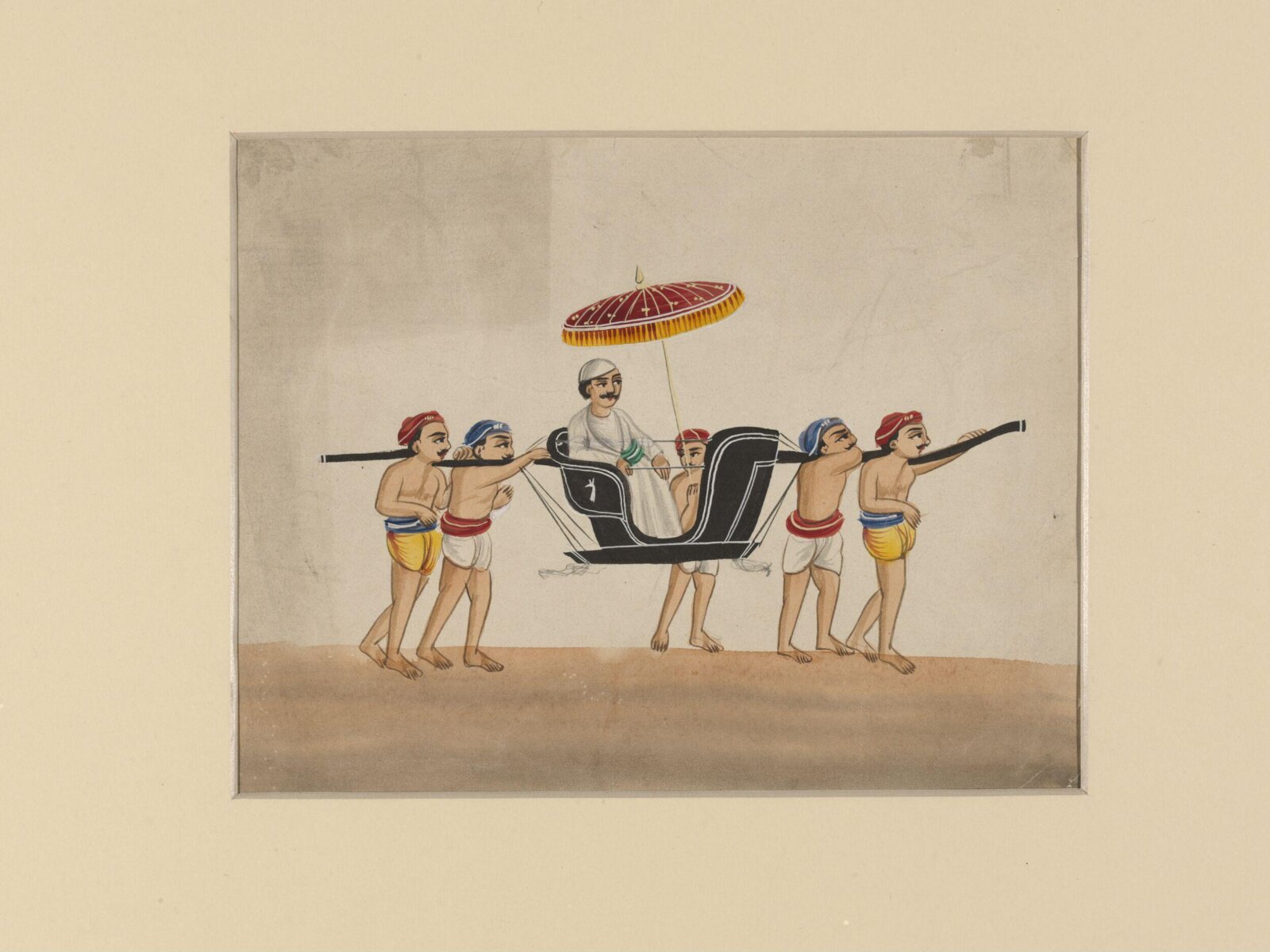A chair palanquin slung on  two poles, ca. 1885