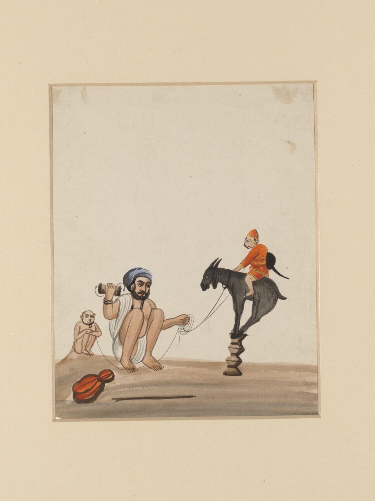 An entertainer with a monkey riding on a goat, ca.1885