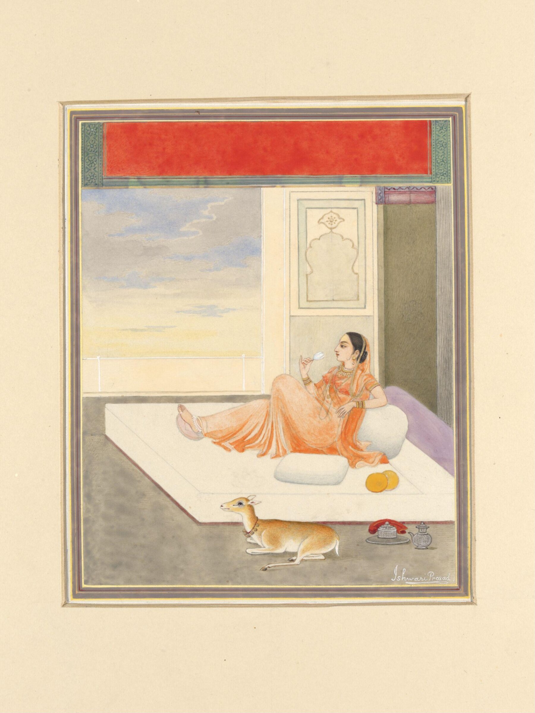 A lady lying on cushions, Ishwari Prasad, ca. 1940