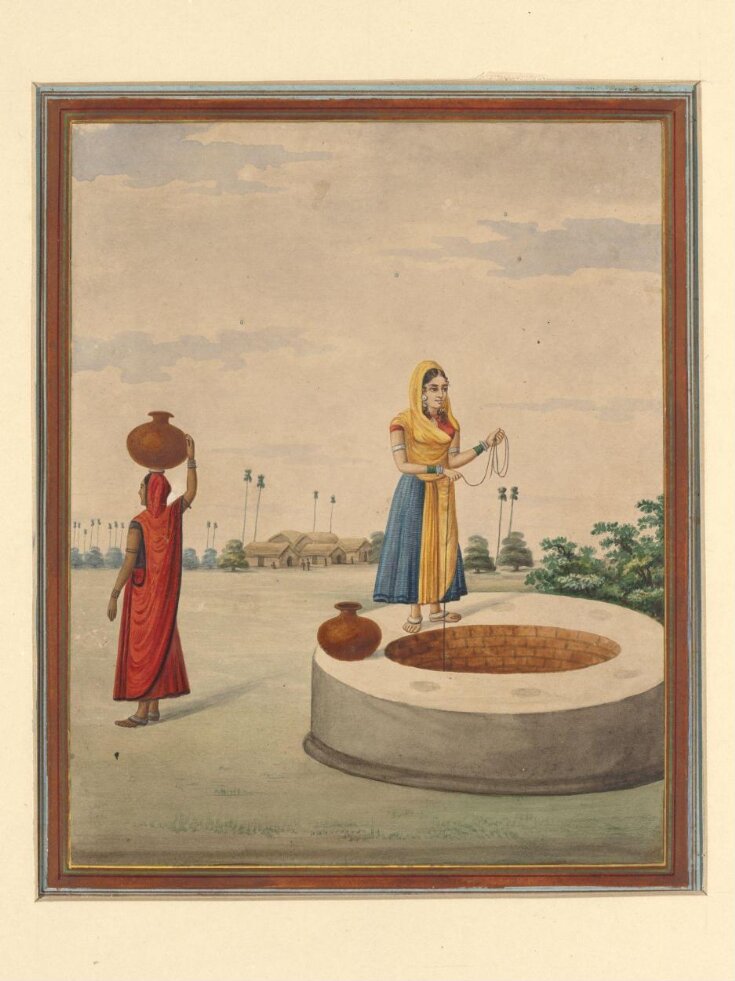 A woman drawing water from a well. top image