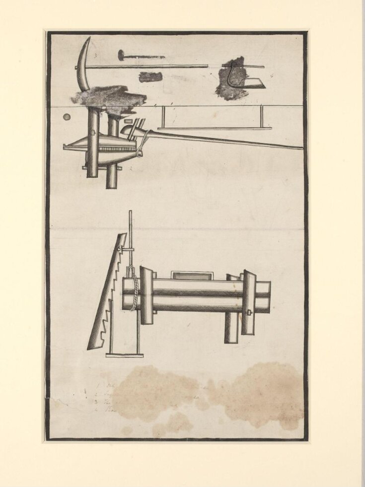 One of seven sheets of drawings depicting implements and musical instruments. top image