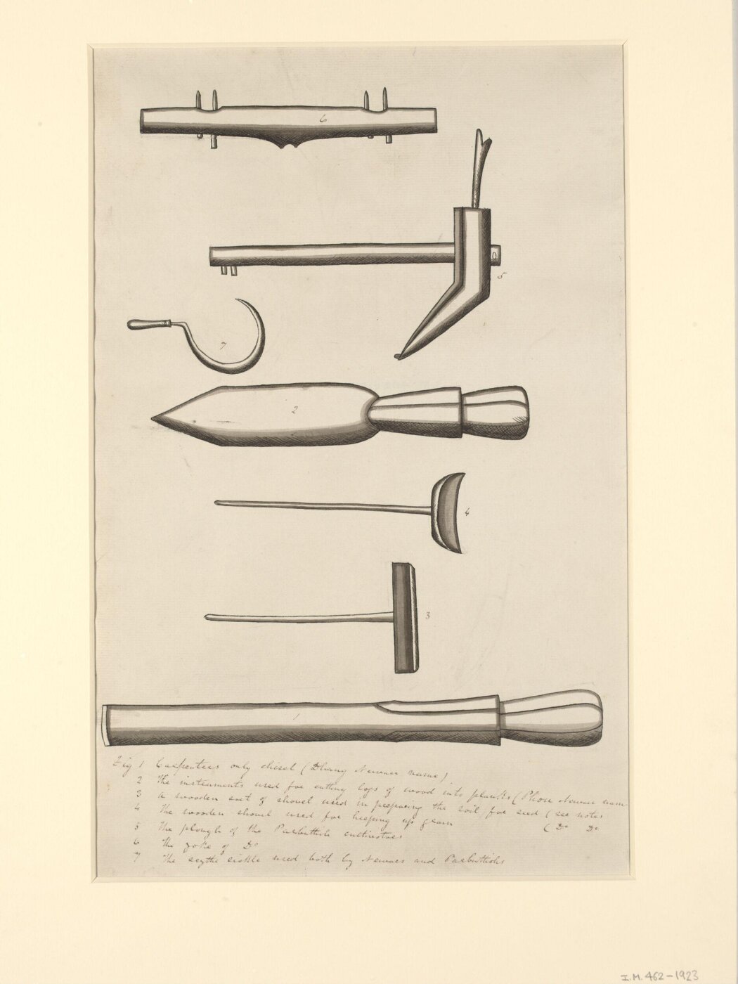 Unknown, One of seven sheets of drawings depicting implements and musical instruments.