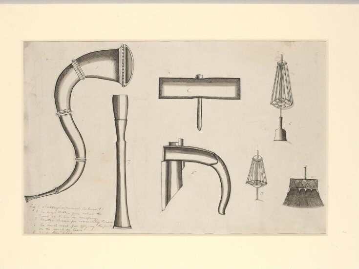 One of seven sheets of drawings depicting implements and musical instruments. top image