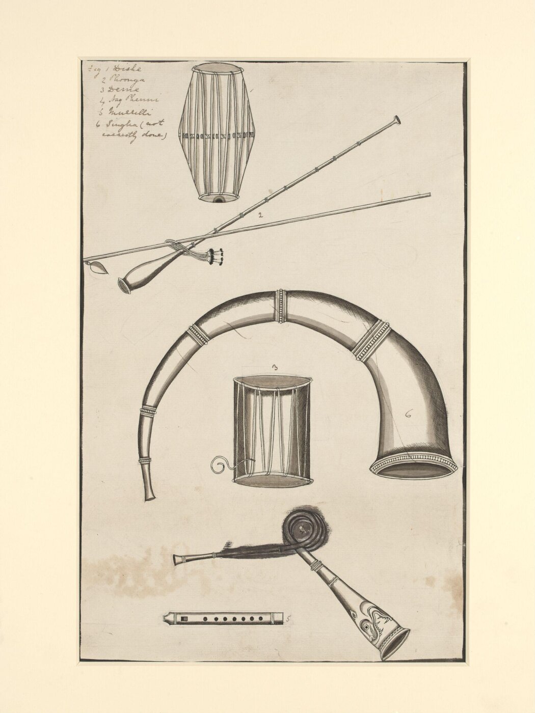 Unknown, One of seven sheets of drawings depicting implements and musical instruments.
