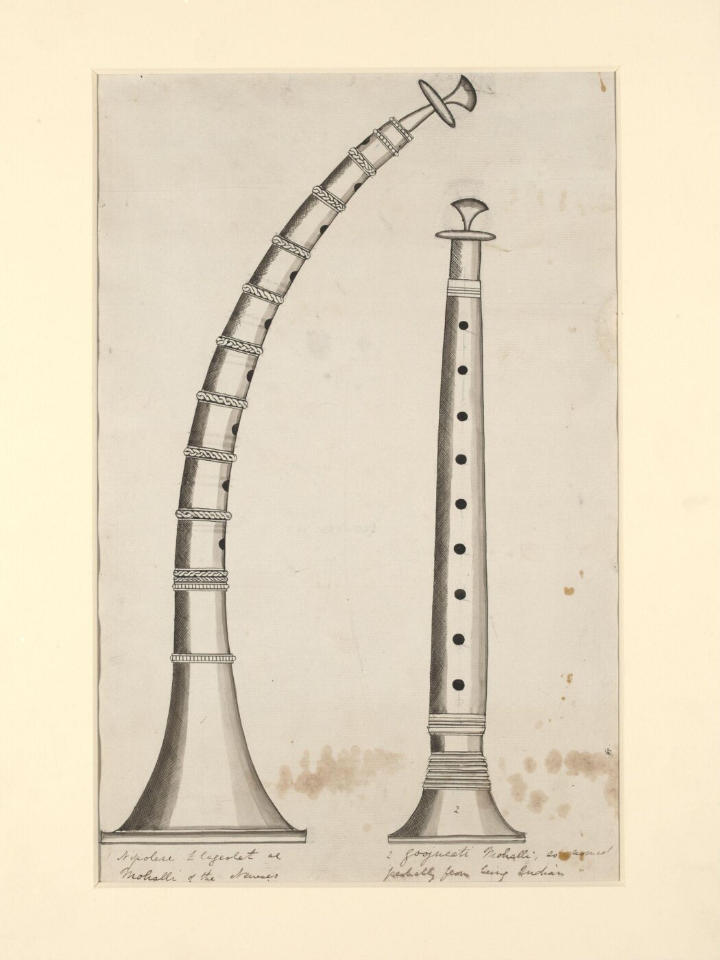 Unknown, One of seven sheets of drawings depicting implements and musical instruments.