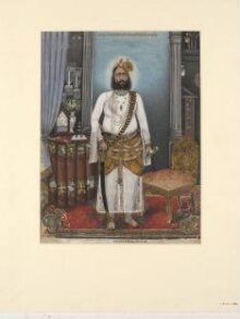 Portrait of Thakur Raja Bakhtawar Singh, standing in a European-style interior. thumbnail 1