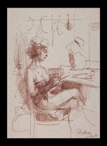 Girl knitting in her dressing room at the Windmill Theatre thumbnail 1