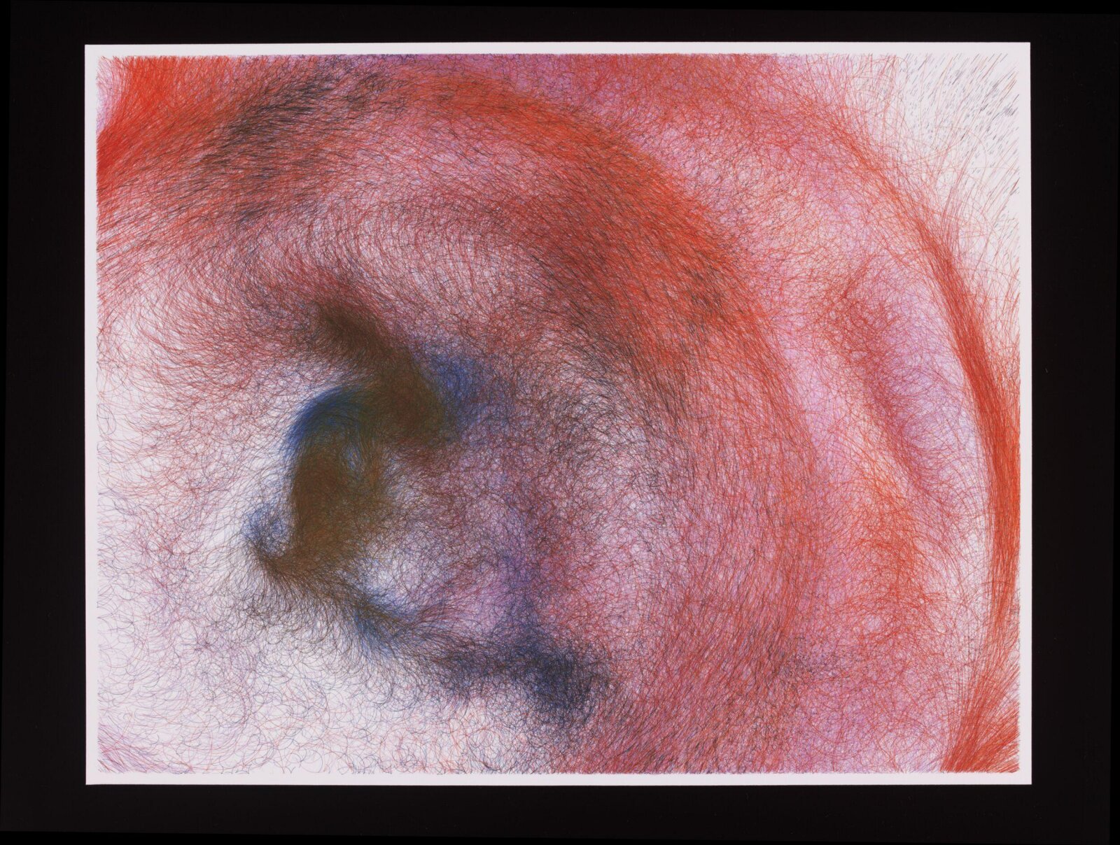 A MicroImage print: thousands of fine red, pink and blue lines swirling around a dark center