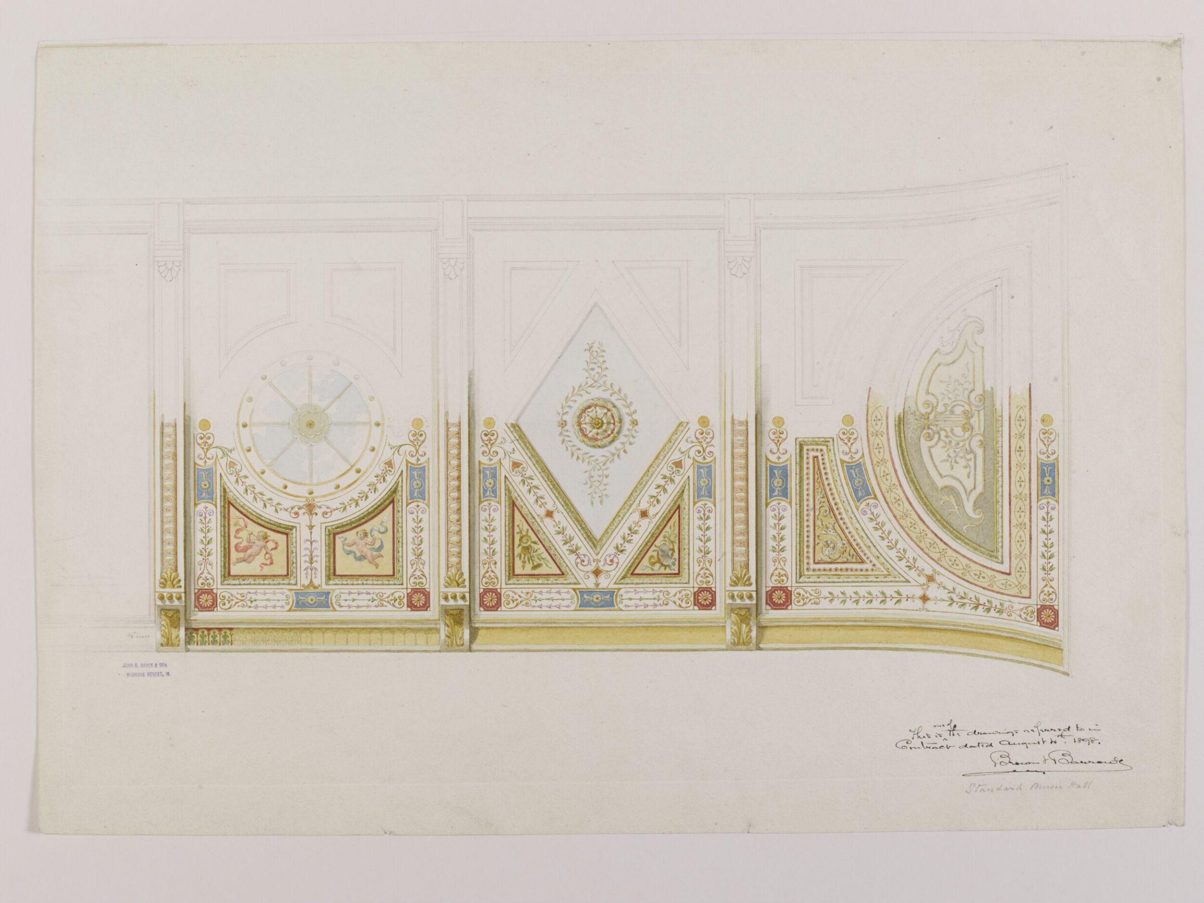 Ceiling and galleries at the Standard Music Hall, John Dibblee Crace, 1898
