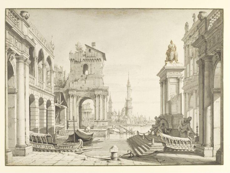 Imaginary view: a canal landing-stage with architecture and ruins