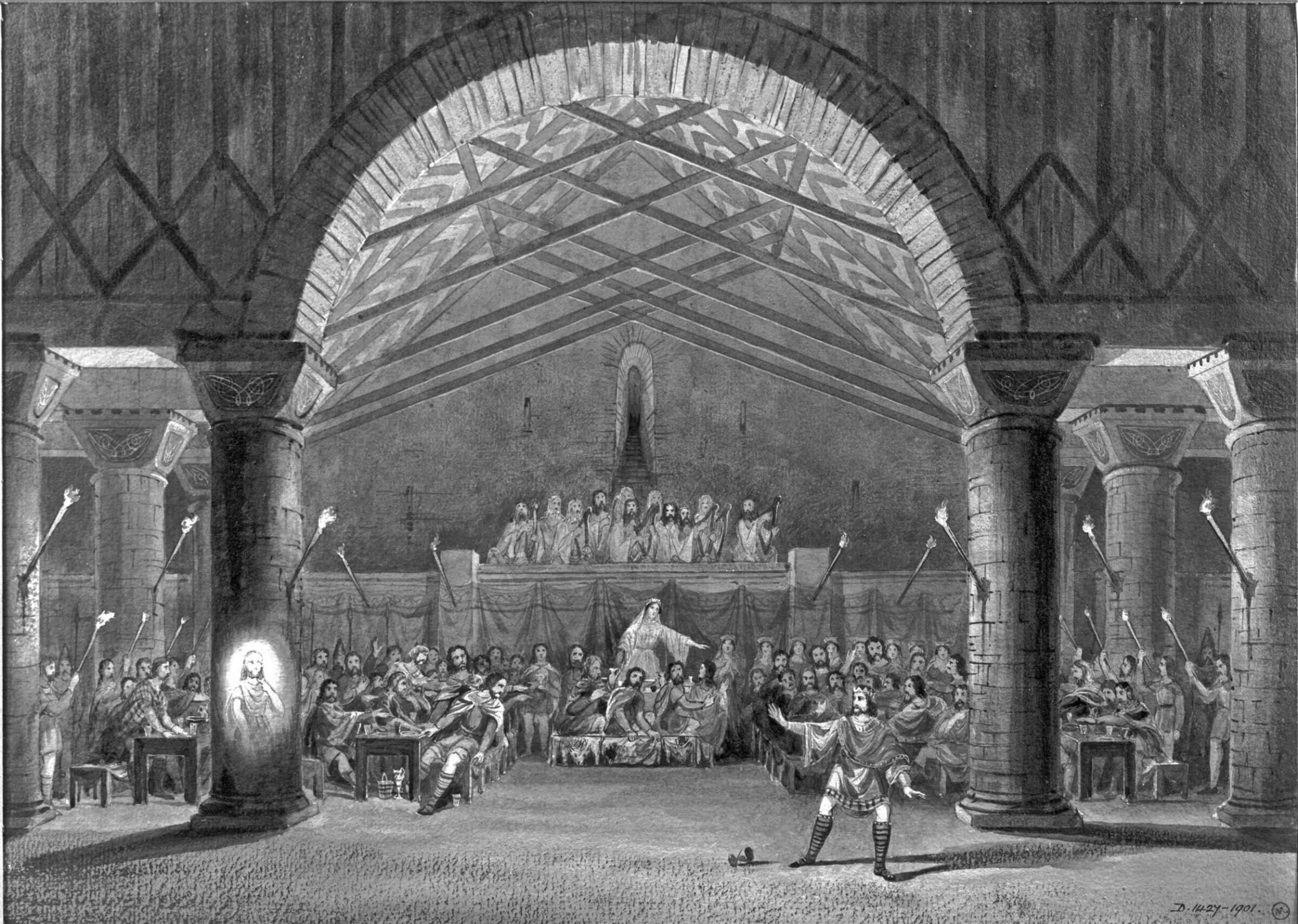 drawing of scenery and props in Macbeth, William Telbin, 1851-1859
