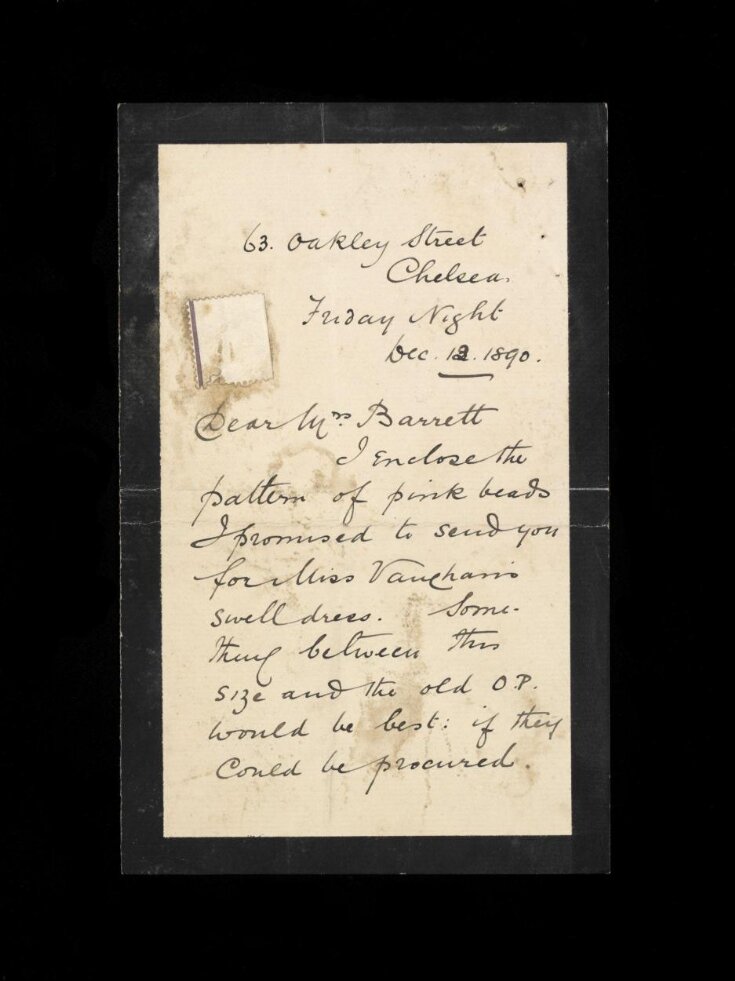 Part of a letter dated 12th December 1890 written by Wilhelm probably to Oscar Barrett concerning beads needed for the costume he was designing for Susie Vaughan's 'swell dress' as The Emperor of Morocco in  Dick Whittington, Crystal Palace, 24th December 1890 top image