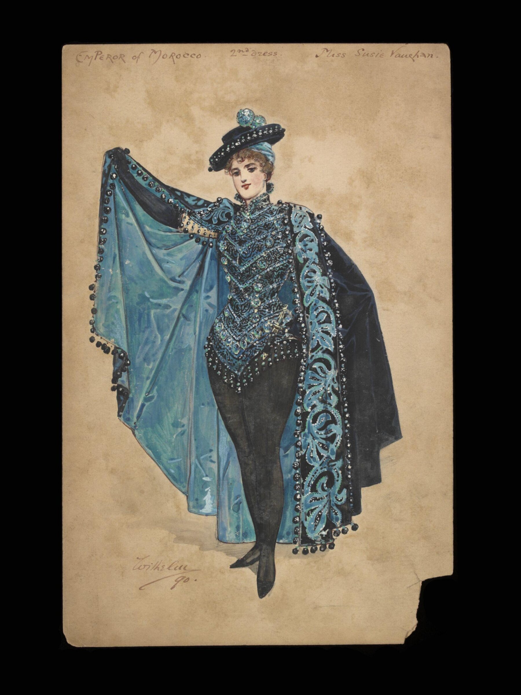 Costume design by Wilhelm for Susie Vaughan's second dress as the Emperor of Morocco in <i>Dick Whittington</i>, Crystal Palace, 24th December 1890, Wilhelm, 1890