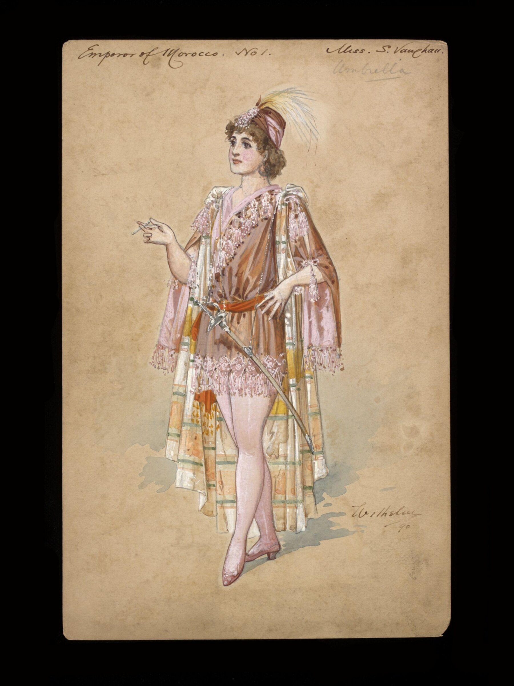 Costume design by Wilhelm for the first costume worn by Susie Vaughan as the Emperor of Morocco in the pantomime <i>Dick Whittington</i>, Crystal Palace, 24th December 1890, Wilhelm, 1890