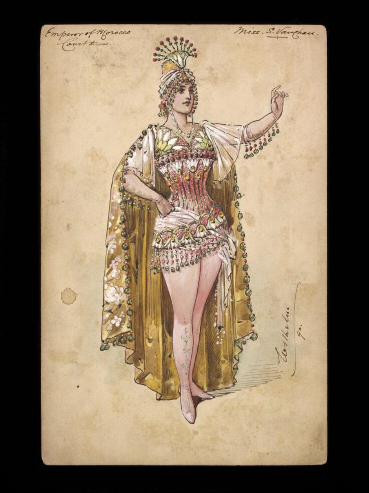 Costume design by Wilhelm for Susie Vaughan as the Emperor of Morocco in the pantomime Dick Whittington, Crystal Palace, 24th December 1890, top image