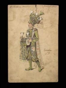 Costume design by Wilhelm for Susie Vaughan's second dress as the Emperor of Morocco in Dick Whittington, Crystal Palace, 24th December 1890 thumbnail 1