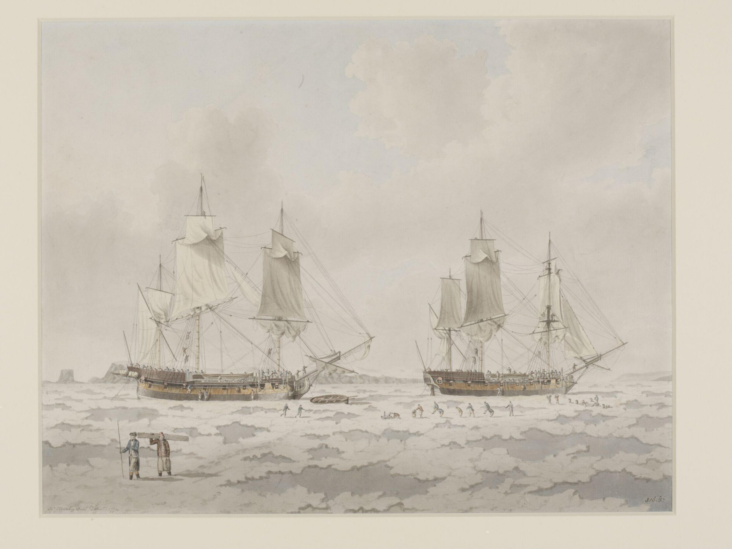 The ships 'Race-horse' and 'Carcass' of Captain Phipps' expedition embedded in ice in the Polar Regions, John the younger Cleveley, 1774