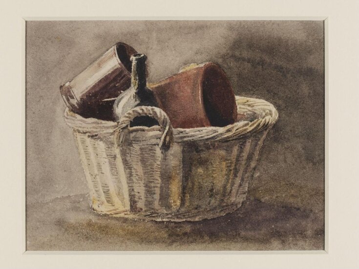 Still life with wicker basket, bottle and two brown vessels top image