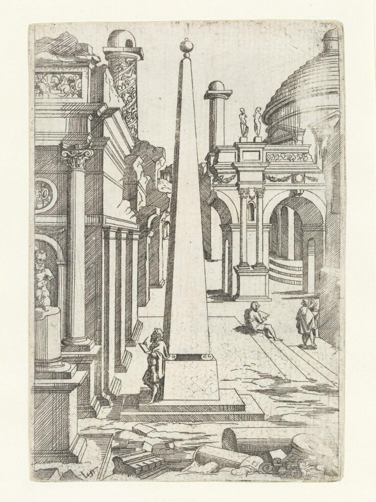 A draftsman leaning against an obelisk sketching ruins top image