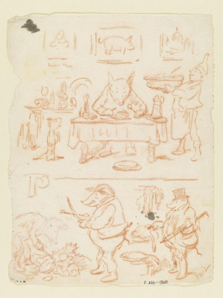 Designs for a child's alphabet book, showing animals in human dress top image