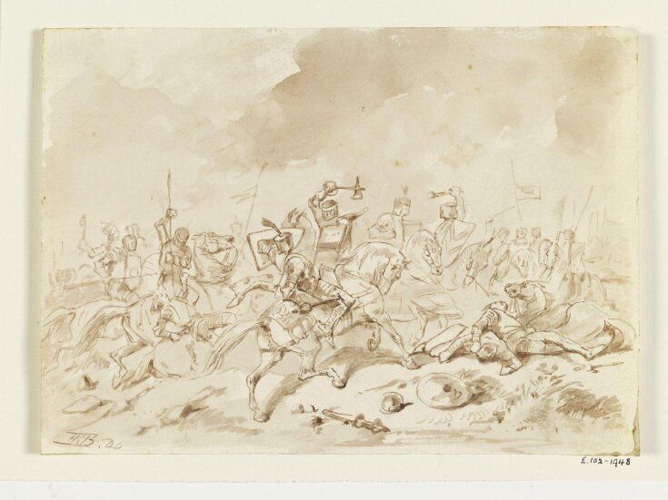 Sketch of a battle scene with men in armour fighting on horseback top image