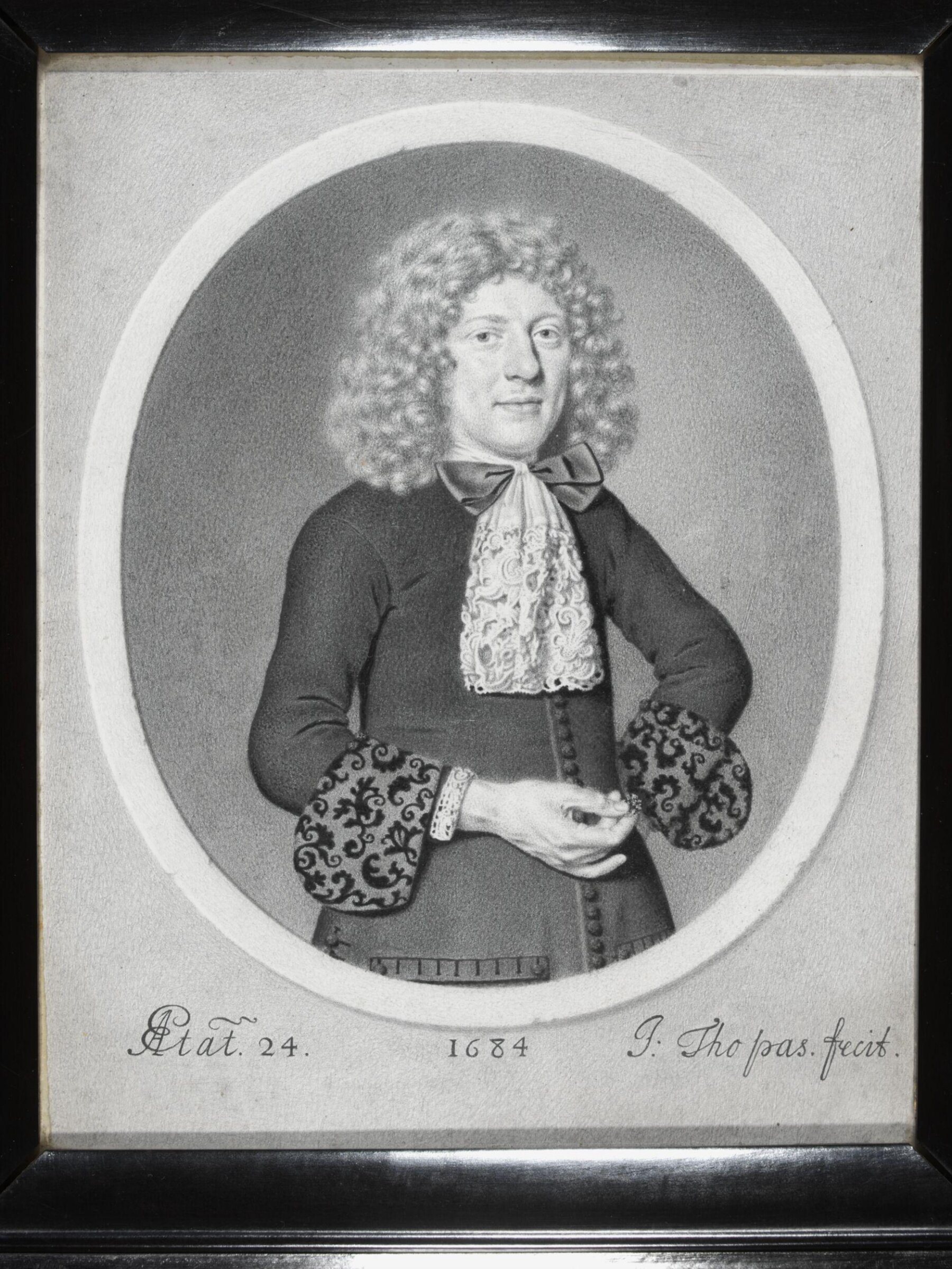 Portrait of a man aged 24 in a feigned oval, Johan Thopas, 1684