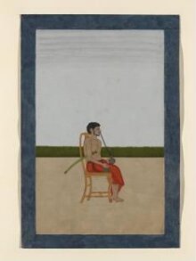 A male member of William Fullerton's household seated on a European chair smoking a 'huqqa' and holding a sword and a 'lota' thumbnail 1