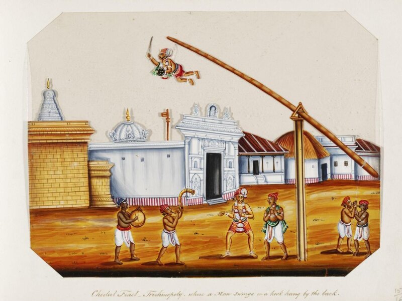 One of sixteen mica paintings depicting Hindu deities and festival processions with decorated cars.