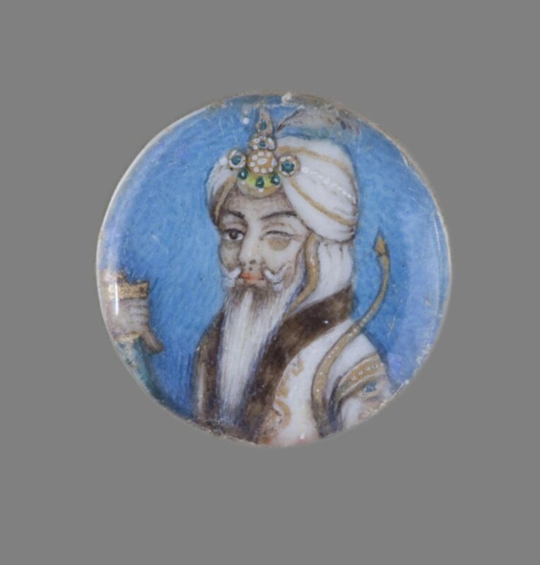 One of twelve tiny paintings depictsing Mughal emperors, Afghan and Sikh nobles, and Mughal ladies.