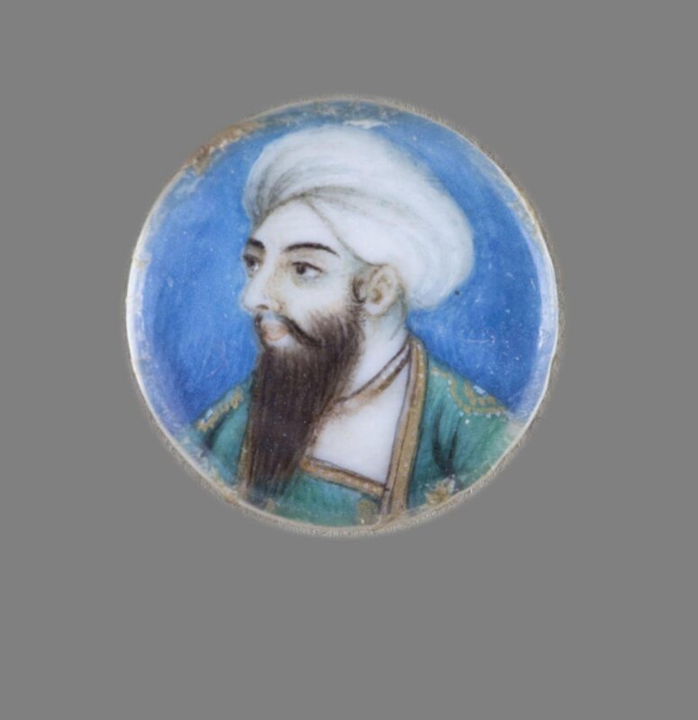 One of twelve tiny paintings depicting Mughal emperors, Afghan and Sikh nobles, and Mughal ladies.