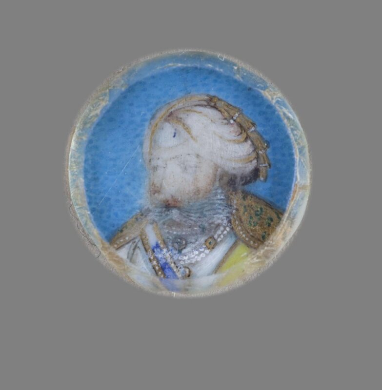 One of twelve tiny paintings depicting Mughal emperors, Afghan and Sikh nobles, and Mughal ladies.