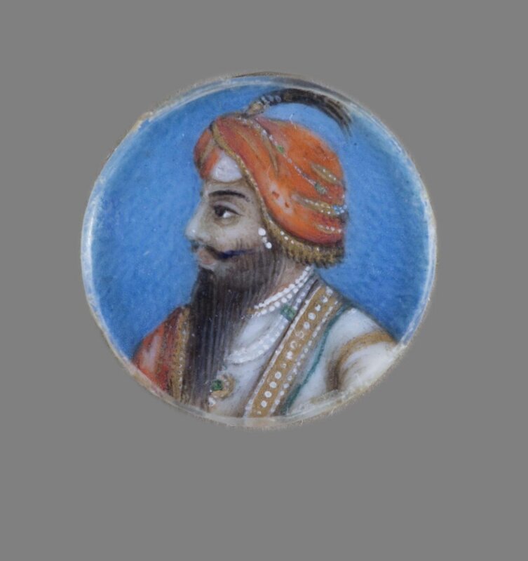 One of twelve tiny paintings depicting Mughal emperors, Afghan and Sikh nobles, and Mughal ladies.