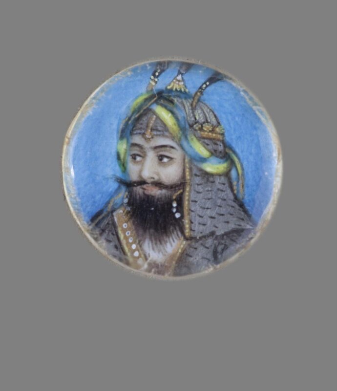 One of twelve tiny paintings depicting Mughal emperors, Afghan and Sikh nobles, and Mughal ladies.