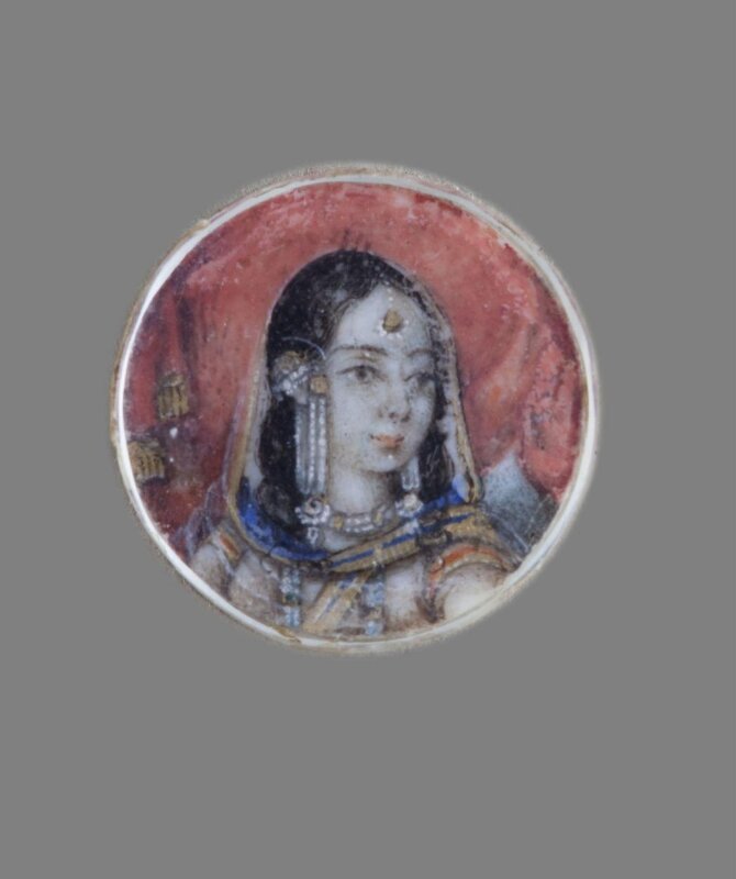 One of twelve tiny paintings depicting Mughal emperors, Afghan and Sikh nobles, and Mughal ladies.