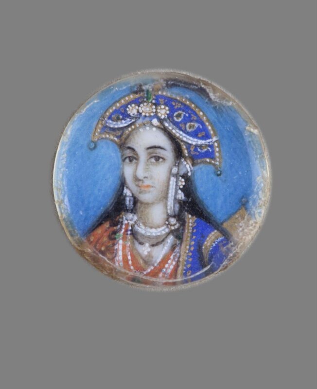 One of twelve tiny paintings depicting Mughal emperors, Afghan and Sikh nobles, and Mughal ladies.