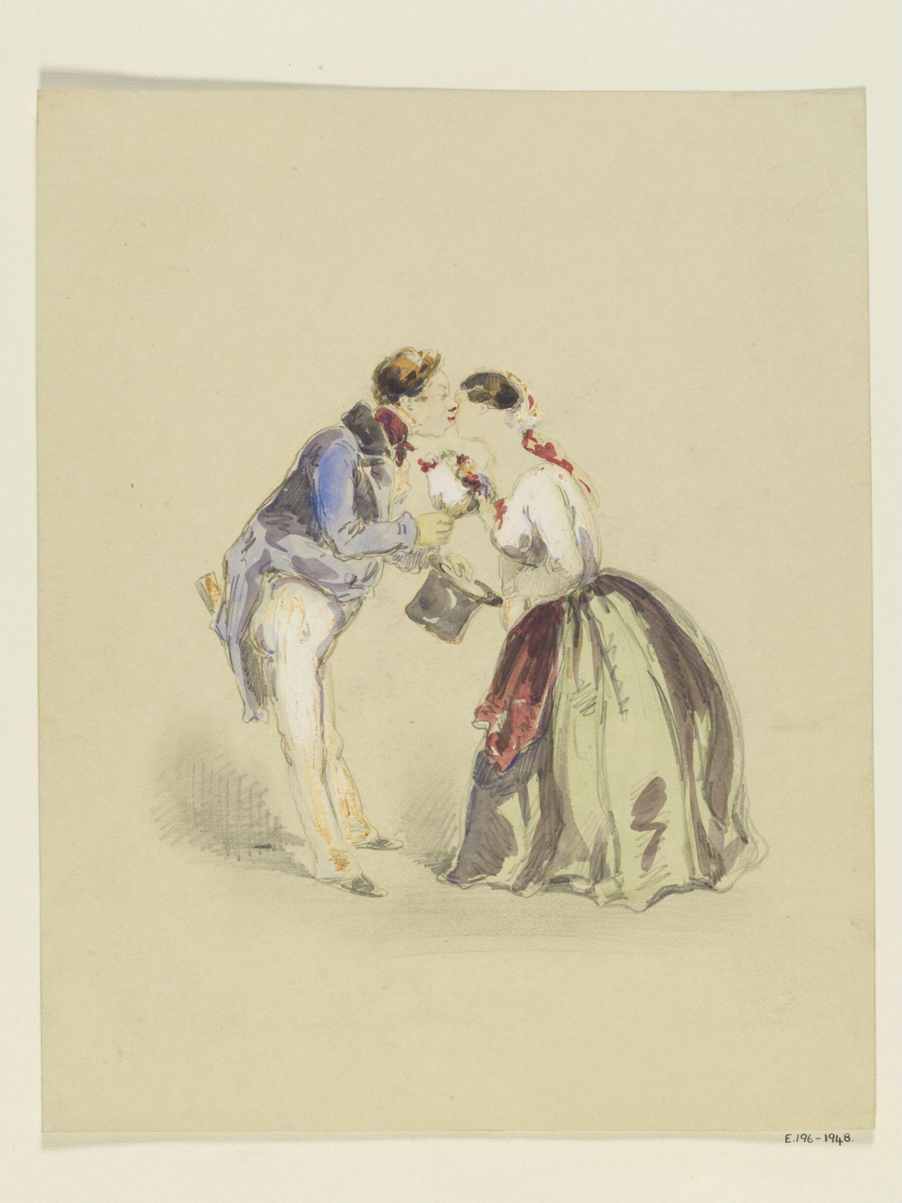 A man kissing a young woman on the cheek and presenting her with a bouquet', Copel, ca. 1850