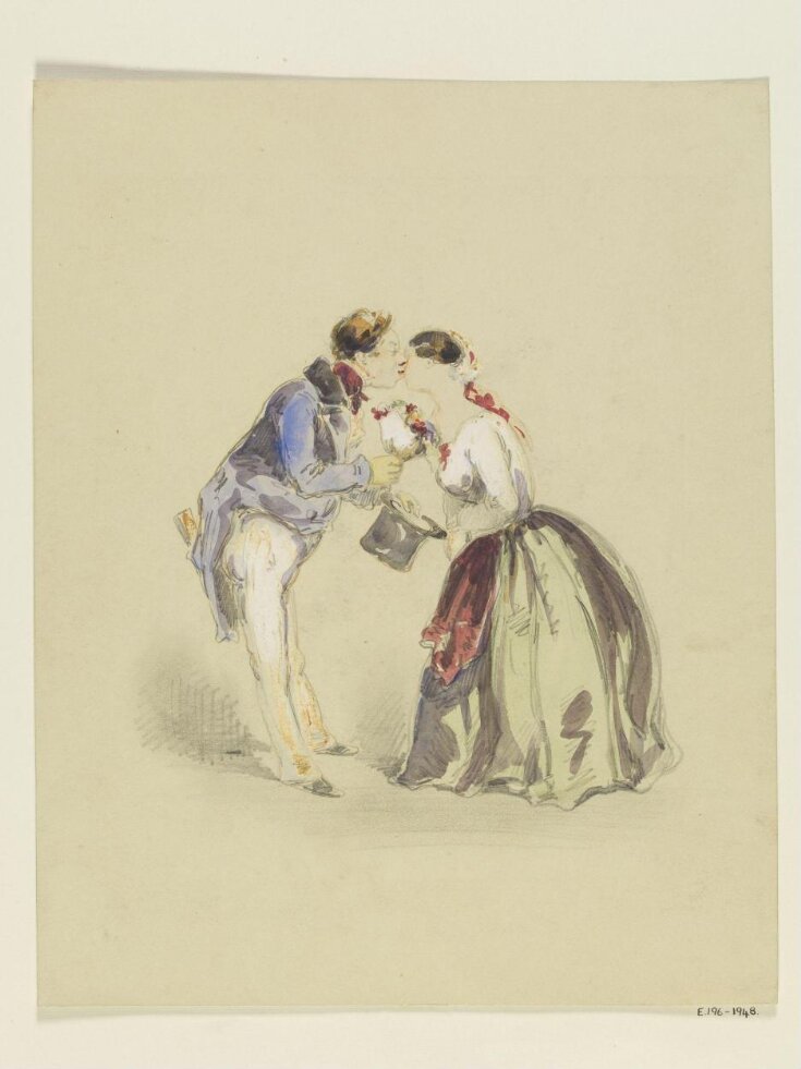 A man kissing a young woman on the cheek and presenting her with a bouquet' top image