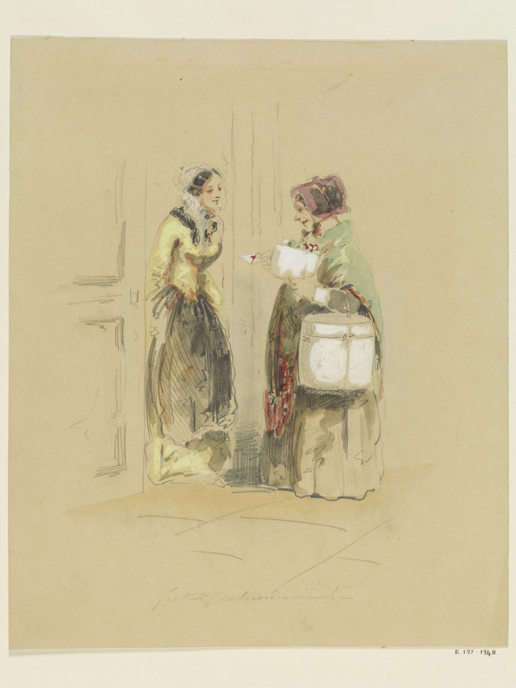 A woman with a hat-box handing a letter to a young girl standing at an open door, Copel, ca. 1850