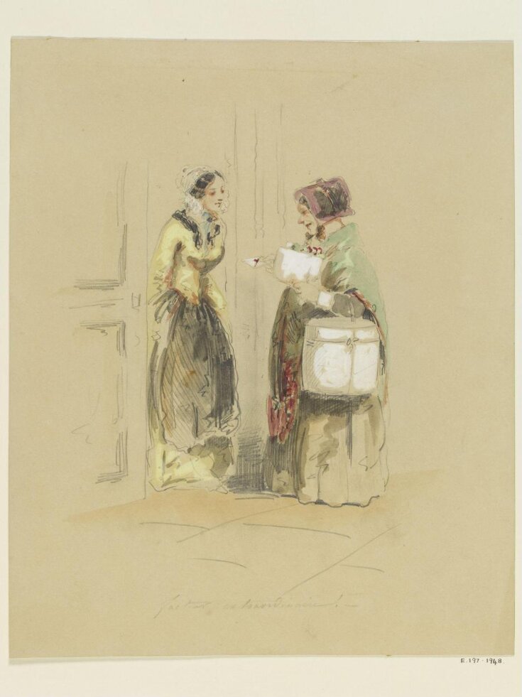 A woman with a hat-box handing a letter to a young girl standing at an open door top image