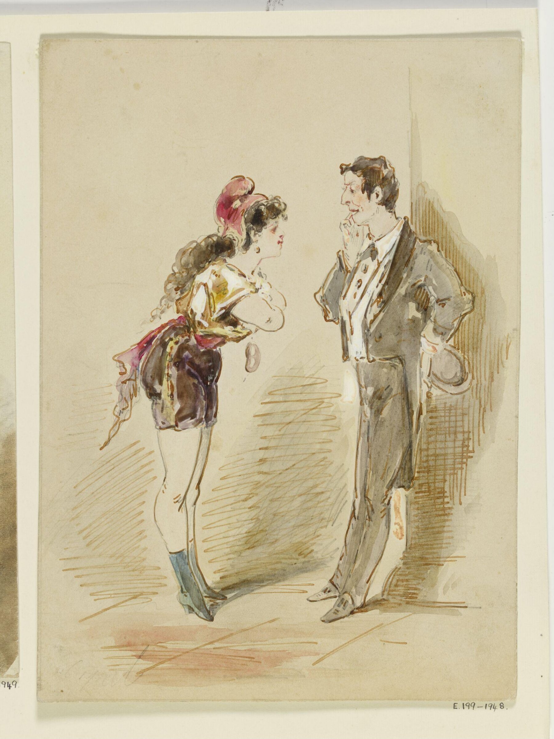 A young woman in theatrical costume speaking to a man who leans against a column, Copel, ca. 1850