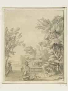 Classical Garden Scene with Figures Beside a Basin and a Fountain Pool Fed by a Statue of a River God thumbnail 1
